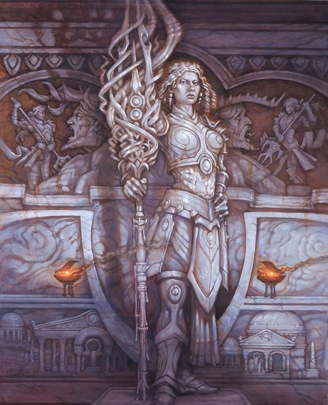 Art of the alternate, borderless version of Elspeth, Sun's Nemesis. A frieze of Elspeth and the story of her trials on Theros.