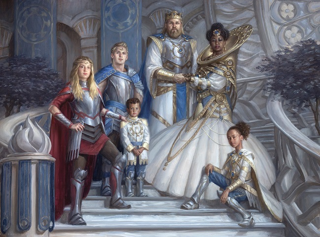 A royal family portrait featuring a king, a queen, and their four children