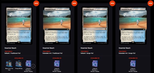 Image of several variants of the Magic: The Gathering card Deserted Beach as printed in the Doctor Who Universes Beyond set
