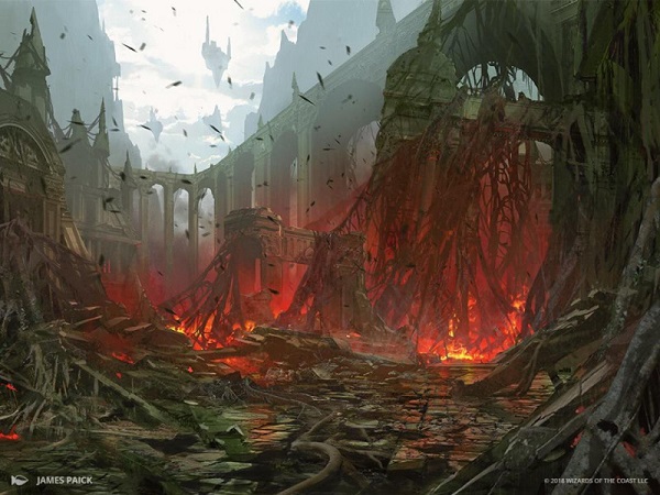 A tangle of vegetation covers the ruins of an old section of Ravnica. Fires burn in the foreground and background.