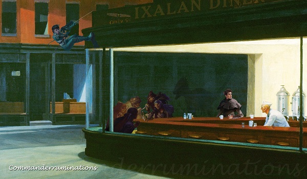 A Painting of a diner with assorted Magic characters seated inside.