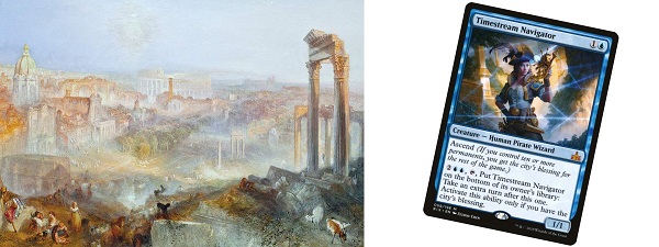 A painting of a landscape featuring a picturesque Rome, next to the Magic card Timestream Navigator.