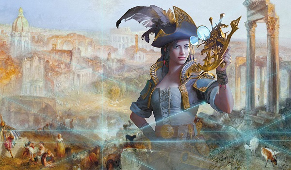 A woman wielding a complex tool and wearing a fancy feathered hat appears in the foreground of the picturesque Roman landscape.