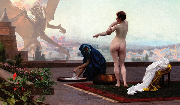 A demonic figure is imposed into the background of the painting of a nude woman bathing on a rooftop.