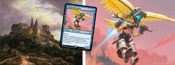 The Magic card and art for Warkite Marauder next to a painting of a castle on a wooded hill.