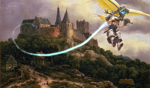 A figure flies from the castle on a wooded hill using a kitesail.