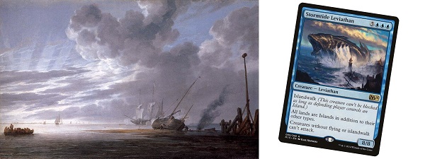 The Magic card Stormtide Leviathan next to a painting of a ships on a seascape.