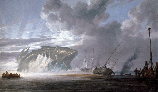 A large fish-like leviathan emerges from the seascape to attack a sailing vessel.