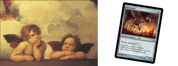 The Magic card Hovermyr next to a painting of two bored-looking cherub.