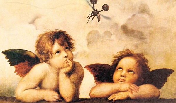 A small mechanical creature hovers between two vaguely interested cherubs.