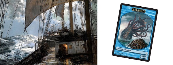 A Magic token featuring art of a kraken next to a painting looking out from the deck of a ship.