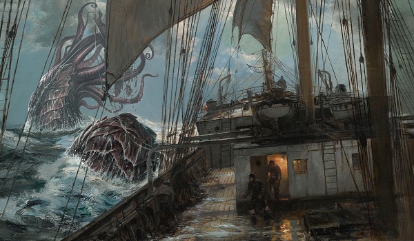 A kraken emerges from the sea in the background from the perspective of someone standing on the deck of ship.
