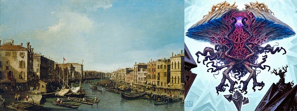Art of a large, tentacled monster floating in the sky is next to a painting of the Grand Canal in Venice.