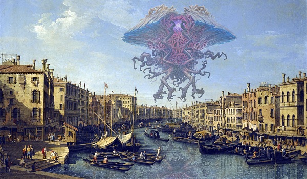 The large, tentacled monster floats in the sky above the Grand Canal of Venice.
