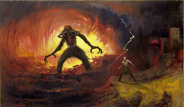 A monstrous figure superimposed on the painting of a burning city.