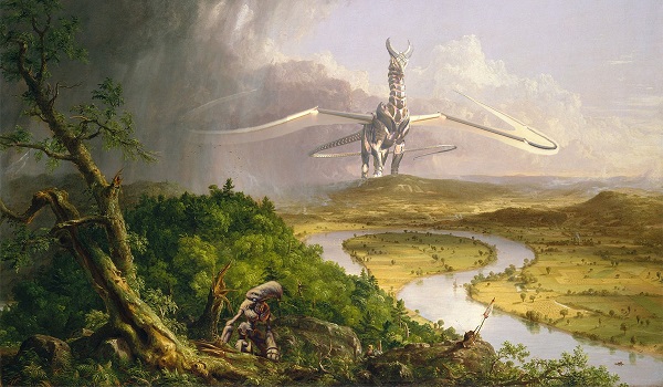 The mechanical dragon and small mechanical creature are imposed on the river landscape.