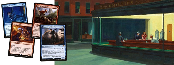 The Magic cards Daring Saboteur, Rowdy Crew, Rampaging Ferocidon, and Jace, Vryn's Prodigy next to a painting of a diner.