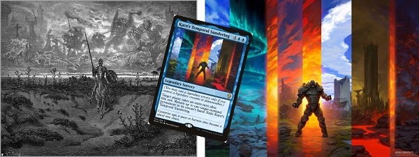 The art and card for Karn's Temporal Sundering next to a greyscale painting of a figure on a horse.