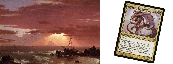 A painting of a shoreline with a beached ship and sunrays breaking through the clouds, next to the magic card Darigaaz, the Igniter.