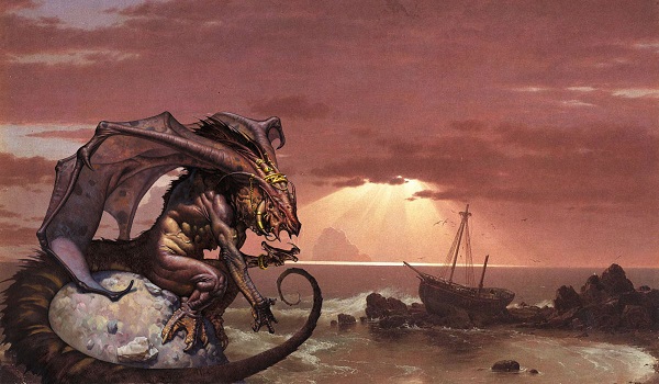 The dragon Darigaaz seated on a rock in the foreground of the shoreline painting.