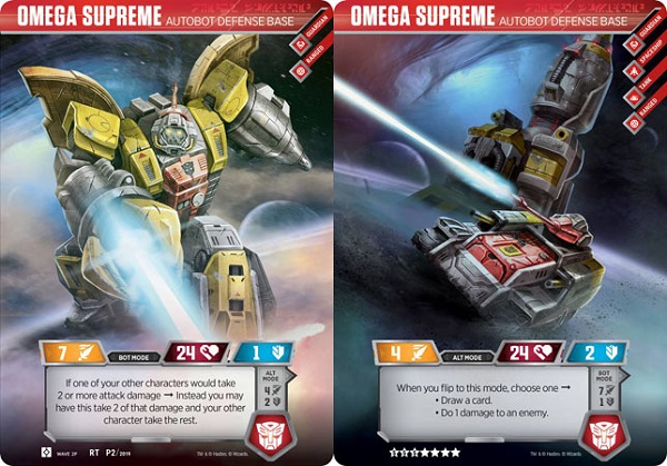 The two sides of the Transformers TCG card Omega Supreme, Autobot Defense Base are placed side by side.