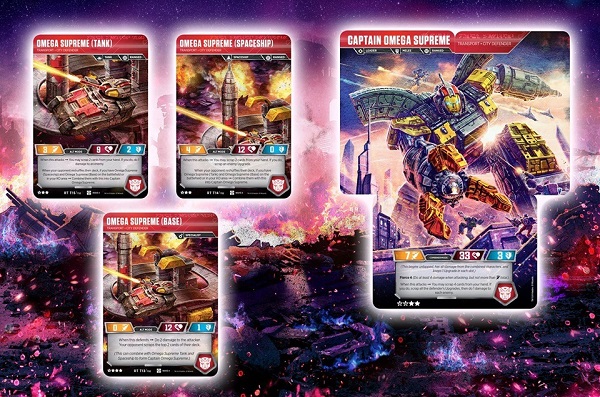 A tableau of three Transformers TCG cards that when placed together form a larger card called Captain Omega Supreme.