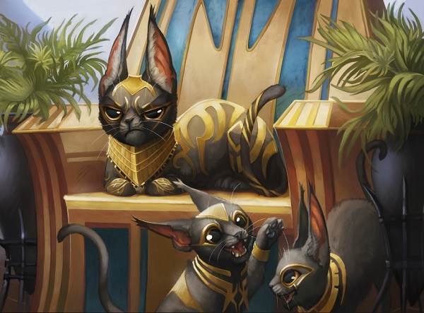 A painting of a grumpy, cartoonish cat seated on a throne, wearing golden jewelry.