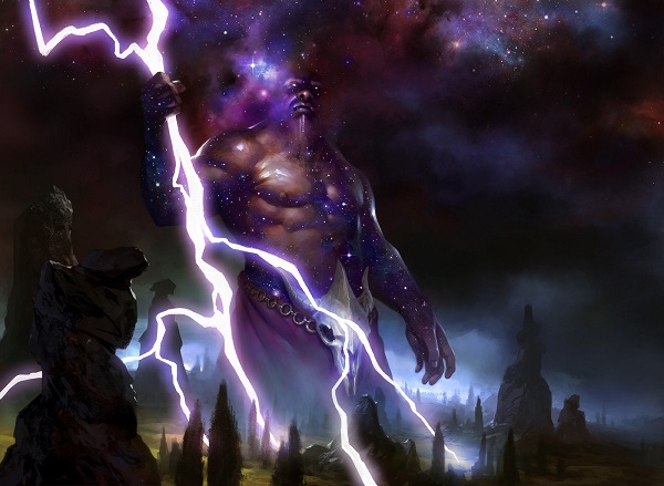 A large, muscular man looms over a darkened forest. He holds bolts of lightening in his hand.