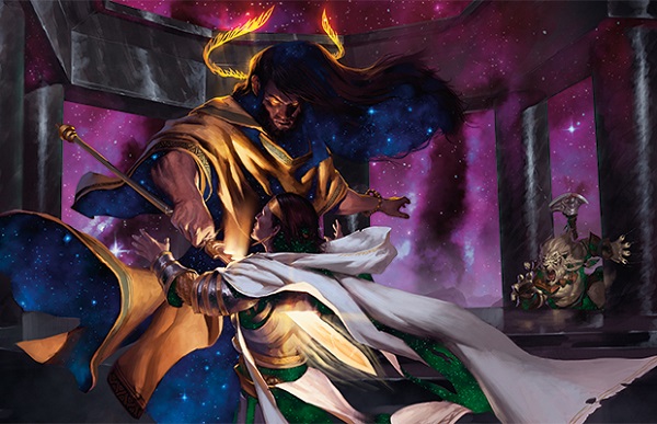 Image of a large, robed man stabbing an armored woman through with a glowing spear.