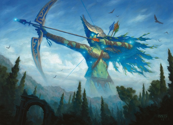 A large green woman looms over a forest. She wields a drawn bow.