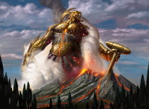 A large man clad in gold armor looms over an active volcano. He wields a large hammer.