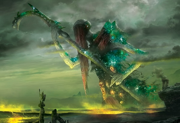 A large, veiled figure looms over a glowing plain. They wield a crooked staff.