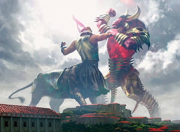 Two large figures fight as they loom over a city. One is 
</p><p>has a human torso and horse lower body. The other has a buls head.