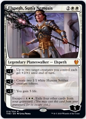 An image of the Magic card Elspeth, Sun's Nemesis. A woman holds a black, dripping spear in one hand.