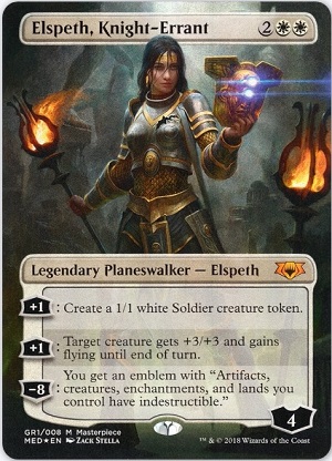 An image of the Magic card Elspeth, Knight-Errant. A woman stands holding a mask and an iron torch in a dark location.