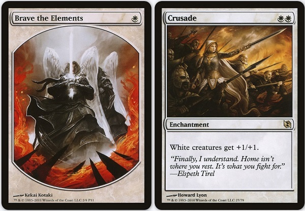Two magic cards are displayed side by side. One is Brave the Elements and the other is Crusade.