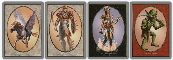 A collection of Magic: The Gathering tokens is displayed, featuring a Pegasus, Soldier, Zombie, and Goblin