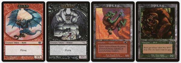 A collection of tokens contrasting the first modern-frame tokens with the original token frame designs.