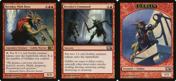 Krenko, Mob Boss, Krenko's Command, and a Goblin token by artist Karl Kopinski.