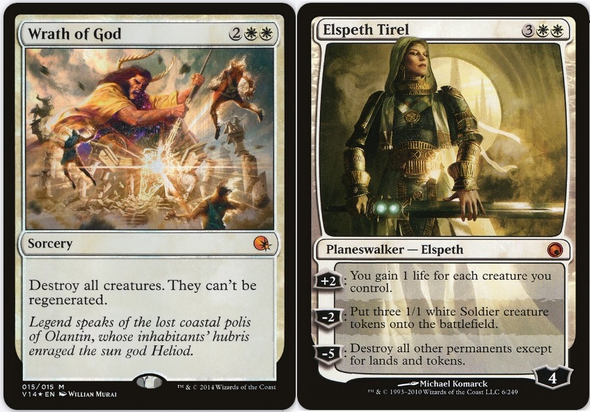 Two Magic The Gathering cards side by side. Wrath of God, featuring the art with Heliod, on the left and Elspeth Tirel on the right.
