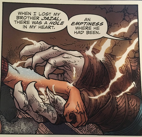A panel from the Chandra comics featuring Ajani healing a wound on Chandra's arm and talking about the death of his brother.