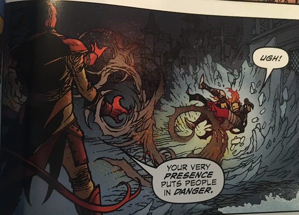 A panel from the Chandra comics in which Tibalt attacks Chandra with spiky tendrils.