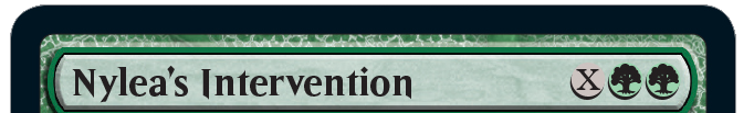 The top line of text of a magic card featuring the name Nylea's Intervention and a mana cost of x and two Green.