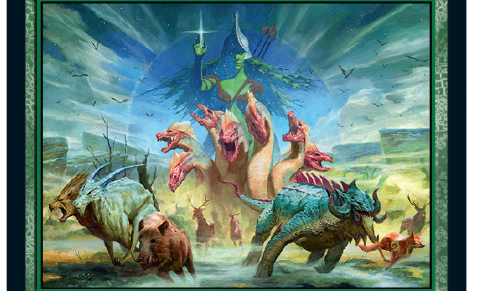 The art for Nylea's Intervention, featuring the god Nylea imposed over a stampede of Therosian creatures.