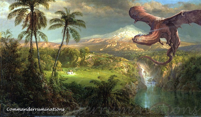 A tropical landscape painting in which a dragon is flying above a body of water.