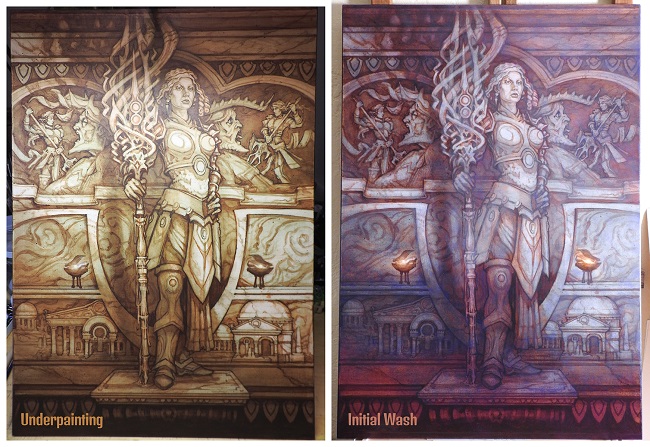 Two images showcasing the underpainting and initial color wash of the final Elspeth frieze piece.