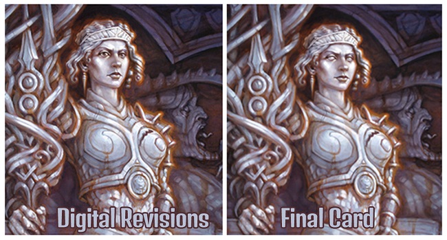 Two images showing the detail changes from the Digital revisions to the final card art for the Elspeth piece.