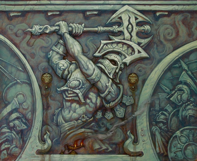 Painting of a Greek-inspired frieze of a warrior holding an axe above his head with both hands.