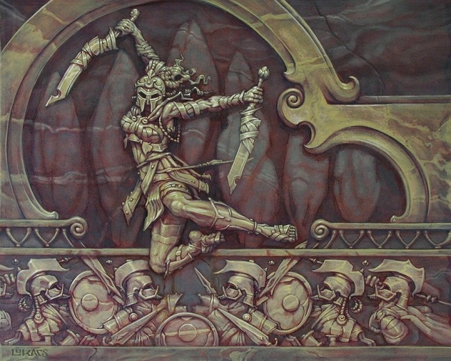 Painting of a Greek-inspired frieze of a warrior holding two swords and leaping through the air.