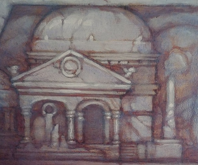 Close-up of a detail in the Elspeth frieze sketches. A Greek building.